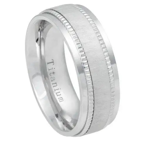 White IP Plated Titanium Ring Satin Finish Center with Milgrain Stepped Edge