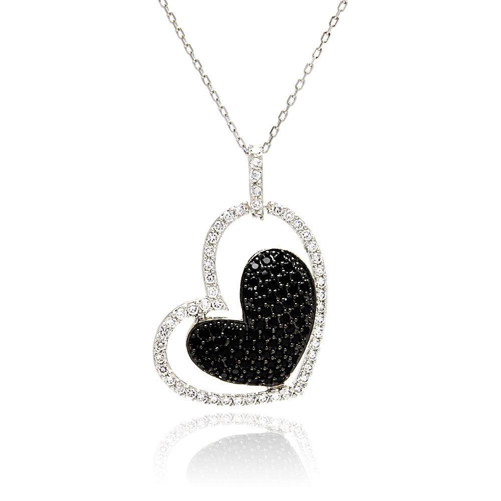 Silver 925 Rhodium and Black Rhodium Plated Clear and Black CZ Heart Pendant Necklace