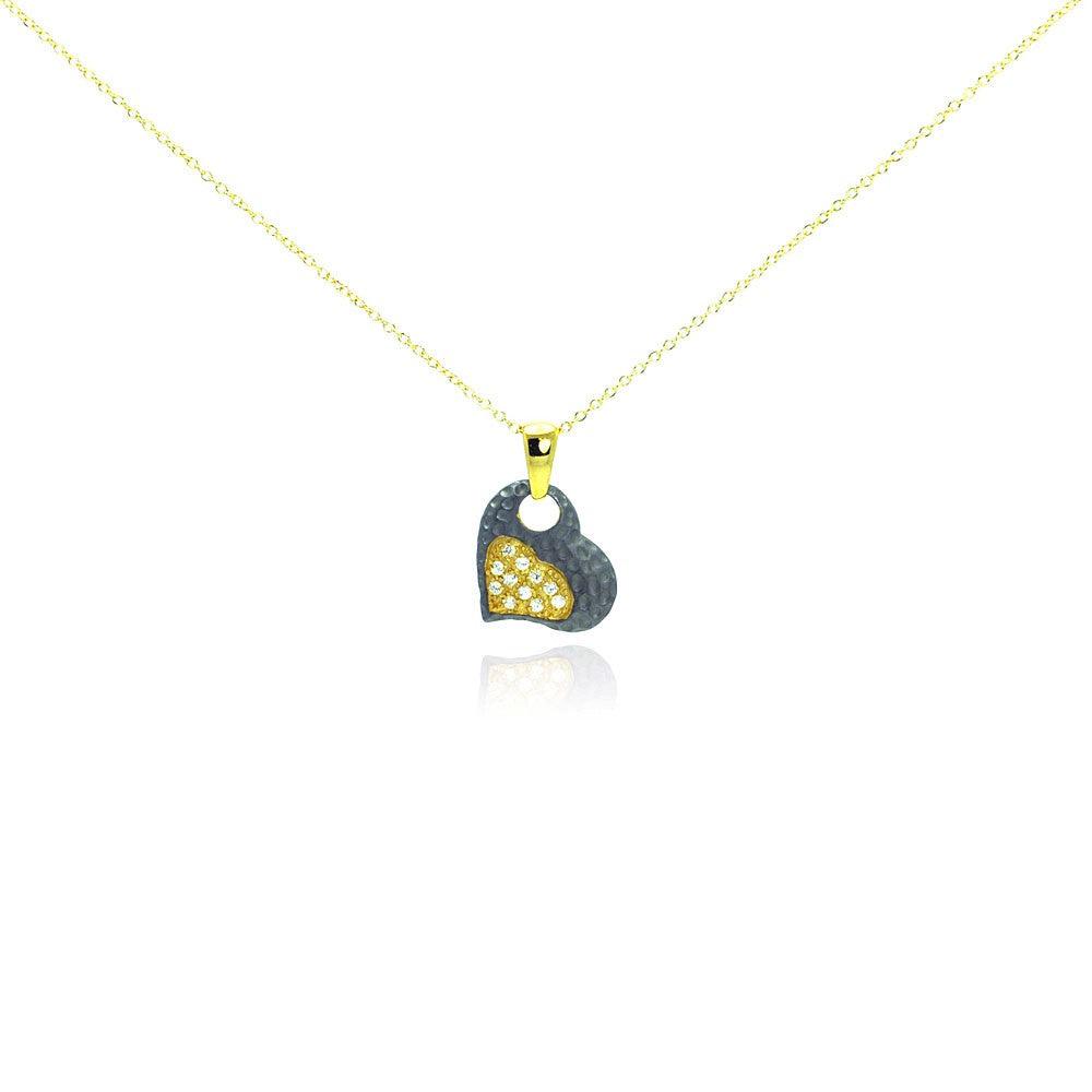 Silver 925 Gold Plated and Matte Black Rhodium Finish Clear CZ Heart Pendant Necklace