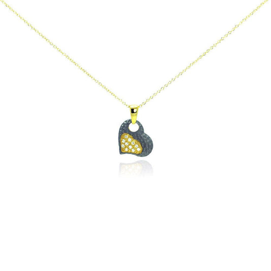 Silver 925 Gold Plated and Matte Black Rhodium Finish Clear CZ Heart Pendant Necklace