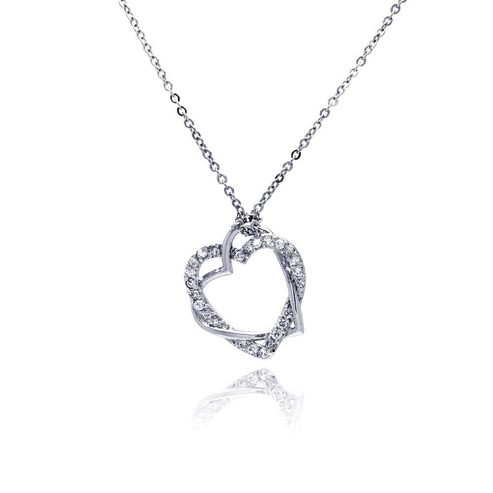 Silver 925 Clear CZ Rhodium Plated Braided Heart Pendant Necklace