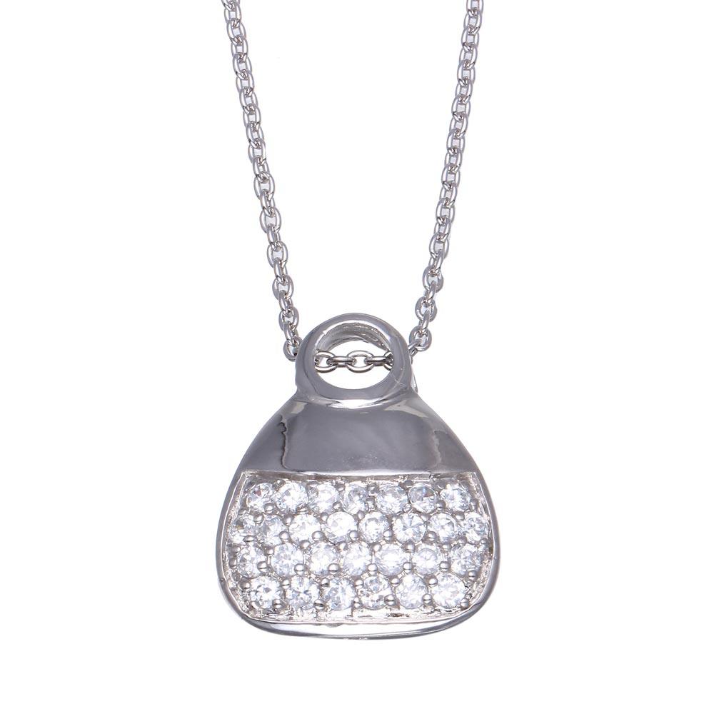 Rhodium Plated 925 Sterling Silver Clear CZ Purse Necklace