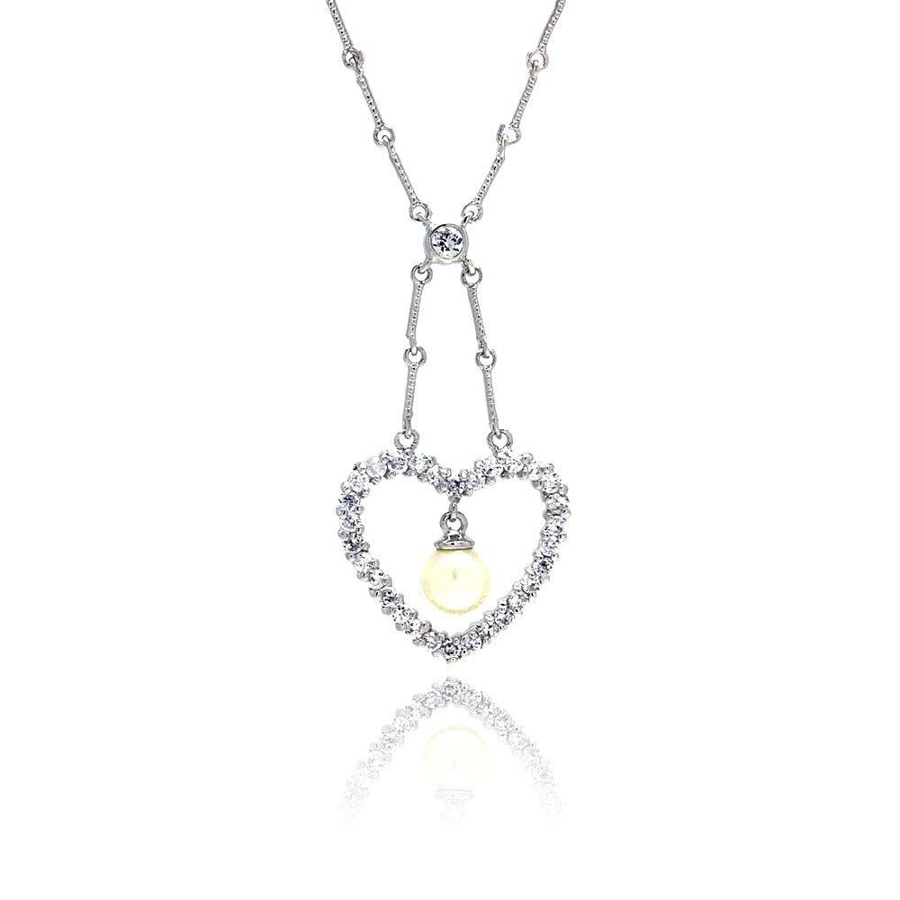 Silver 925 Clear CZ Rhodium Plated Pearl Heart Pendant Necklace