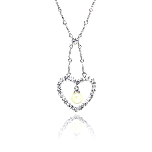 Silver 925 Clear CZ Rhodium Plated Pearl Heart Pendant Necklace