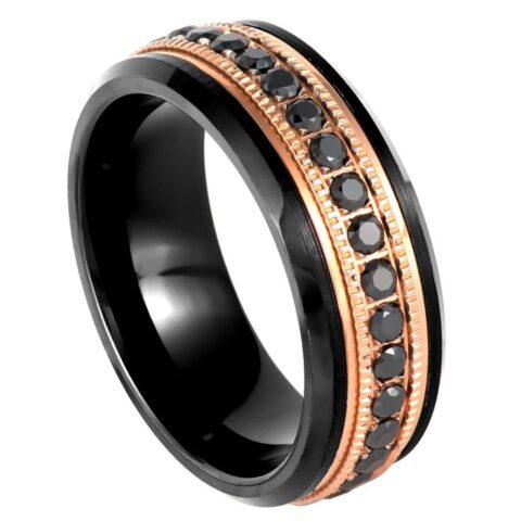 Black & Rose Gold IP Plated Milgrain Black CZ Round Cut Eternity