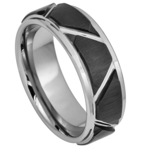 Tungsten Ring Two tone Brushed Black IP Plated Trapezoids High Polished Outlines