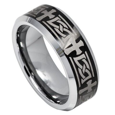 Tungsten Ring Beveled Edge Ring with Celtic Cross Engraved on High Polished/Shiny Black IP Plated Center