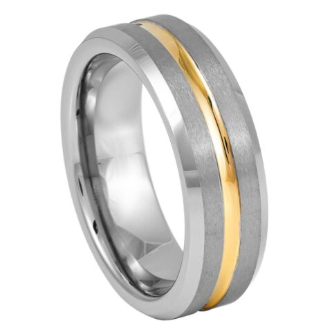 Tungsten Ring Yellow Gold Tone IP Plated Center Grooved