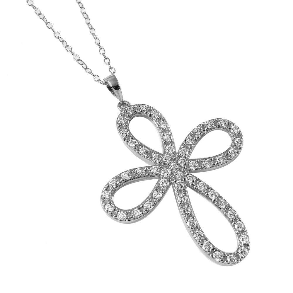 Silver 925 Rhodium Plated Open Infinity Round Cross Necklace