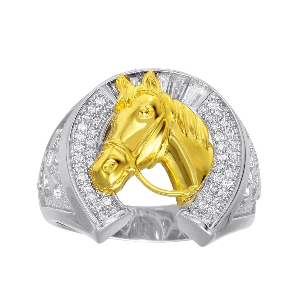 Two-Tone 925 Sterling Silver Men's 925 Sterling Silver CZ Horse Shoe Gold Horse Ring