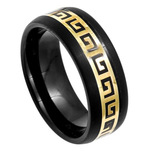 Black IP Dome Ring Yellow IP Plated Greek Key Inlay