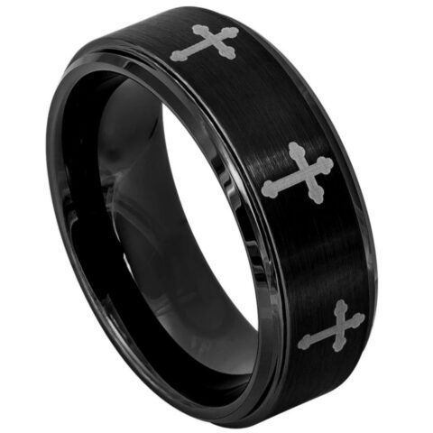 Tungsten Ring Black IP Plated Flat Brushed Center with 8 Laser Engraved Crosses