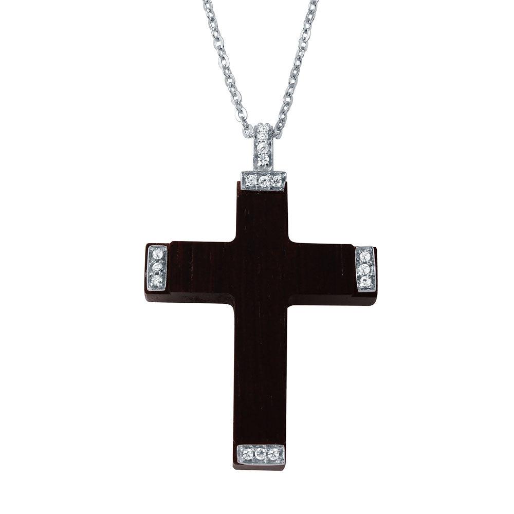 Silver 925 Rhodium Plated CZ Black Wood Pendant Necklace