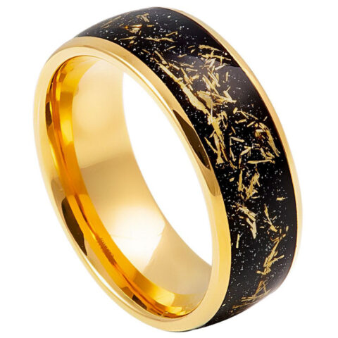 Tungsten Ring Yellow Gold IP Plated Domed Ring with Imitation Meteorite Inlay