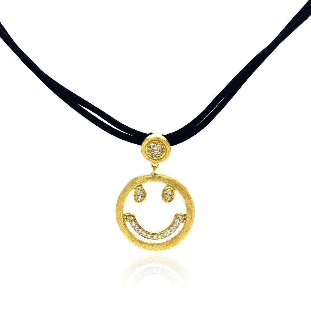 Silver 925 Gold Plated Clear CZ Smile Pendant Leather Necklace