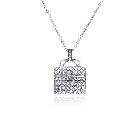 Silver 925 Clear CZ Rhodium Plated Handbag Pendant Necklace