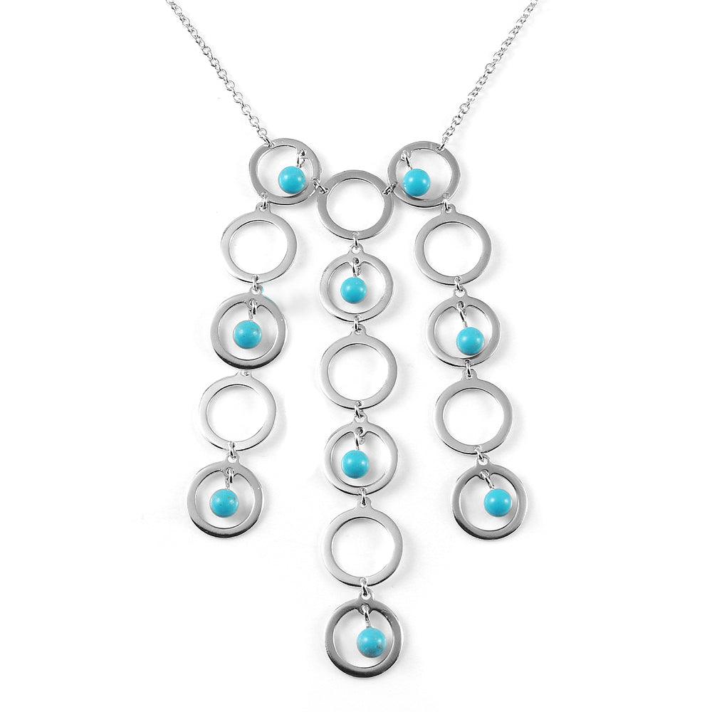 Silver 925 Rhodium Plated Multi Circle Strand Turquoise Bead CZ Pendant Necklace