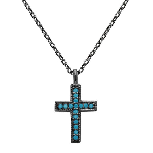 Black Rhodium Plated 925 Sterling Silver Turquoise Stone Cross Necklace