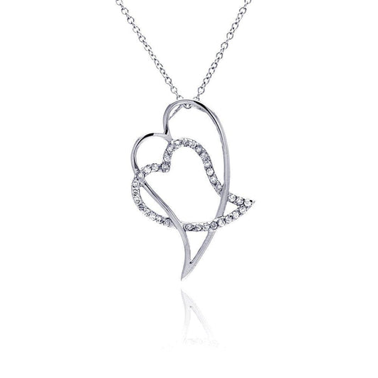 Silver 925 Clear CZ Rhodium Plated Double Heart Pendant Necklace