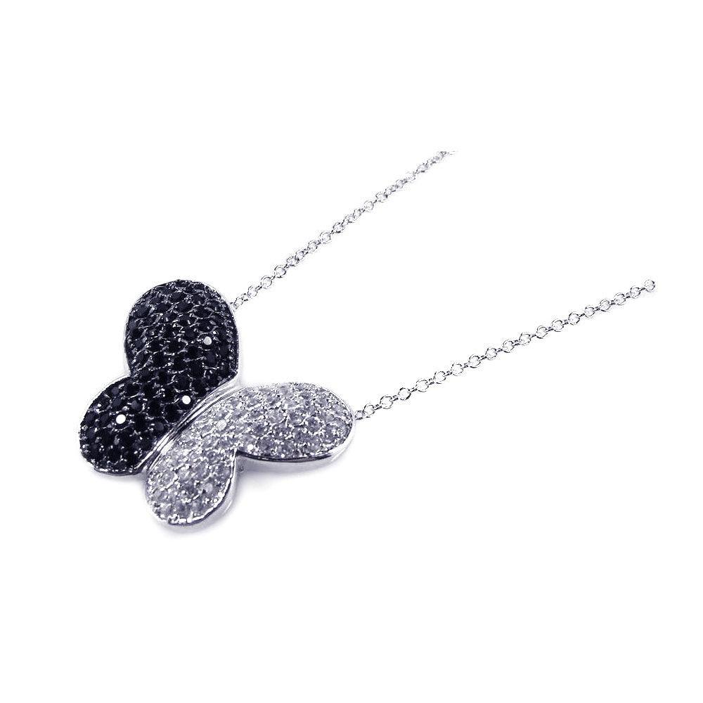 Silver 925 Black and Rhodium Plated Butterfly CZ Necklace