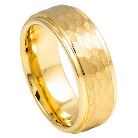 Tungsten Ring Yellow IP Plated Hammered Center with Stepped Edge