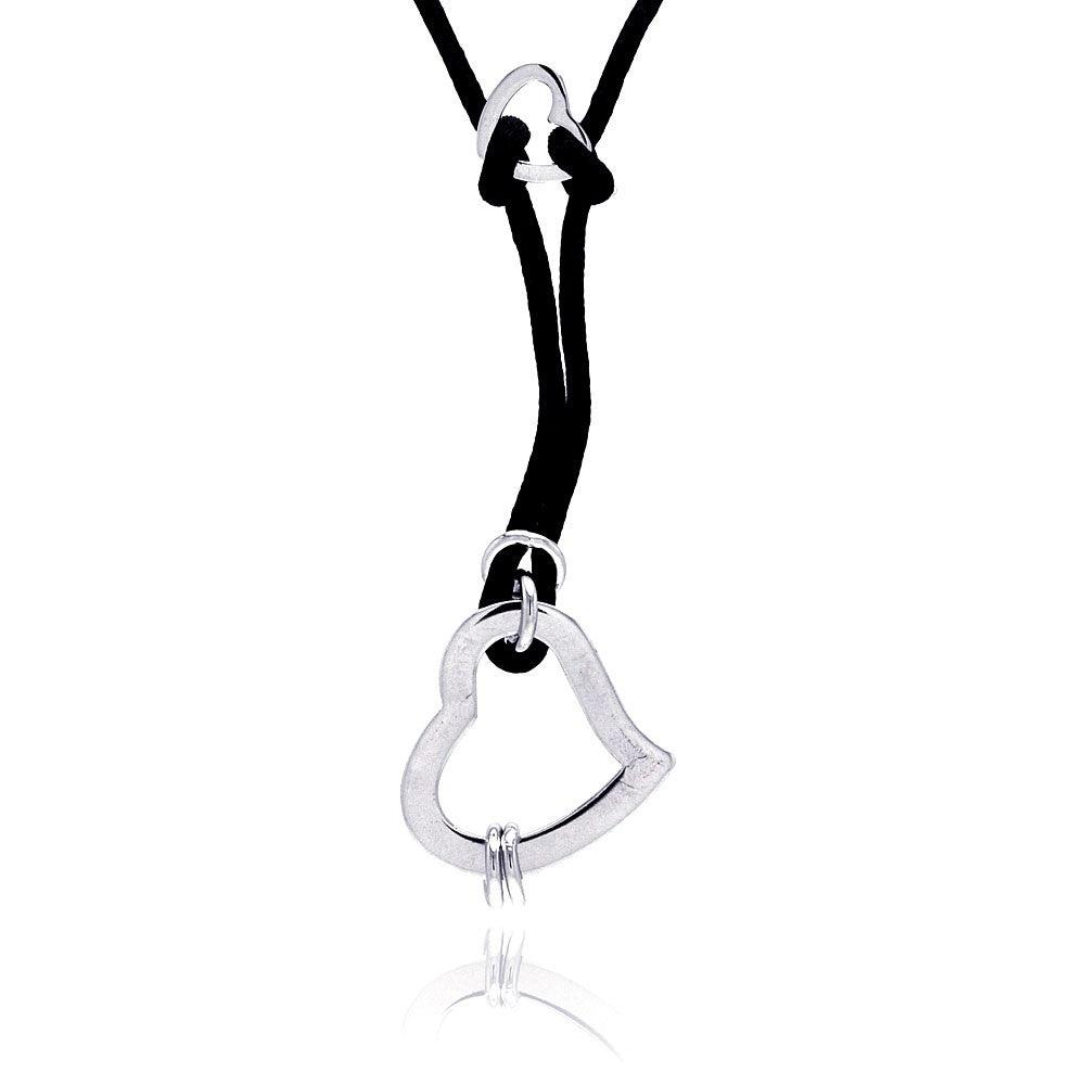 Silver 925 Rhodium Plated Open Heart Black Cord Pendant Necklace