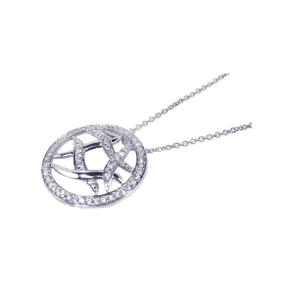 Silver 925 Rhodium Plated CZ Abstract Circle Pendant Necklace