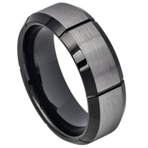 Tungsten Ring Two tone Brushed Center with Multiple Vertical Grooves Black IP Beveled Edge