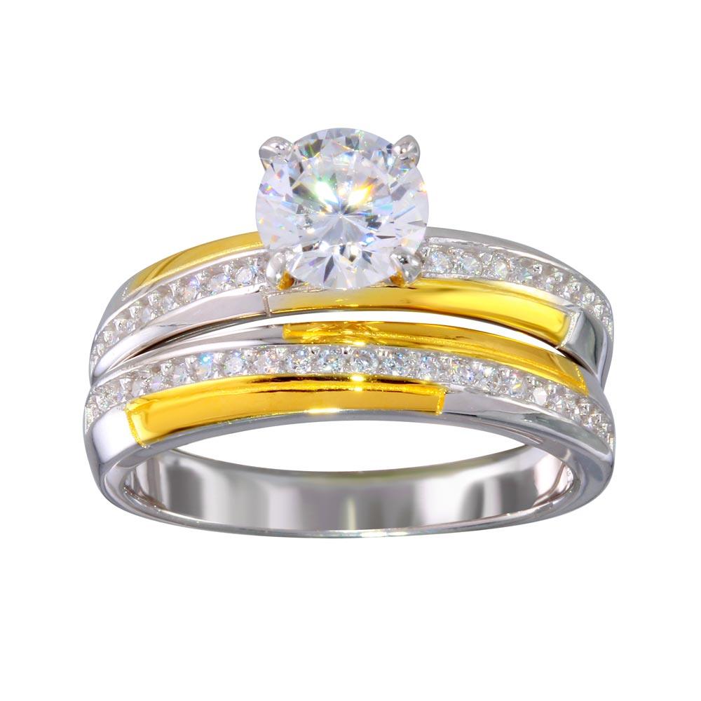 Two-Tone 925 Sterling Silver Gold and Rhodium Plated Stackable Double Rings with CZ