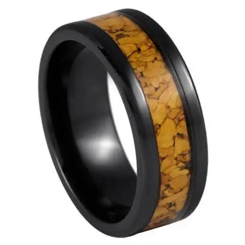 Black IP Plated Tungsten Ring, Natural Cork Inlay