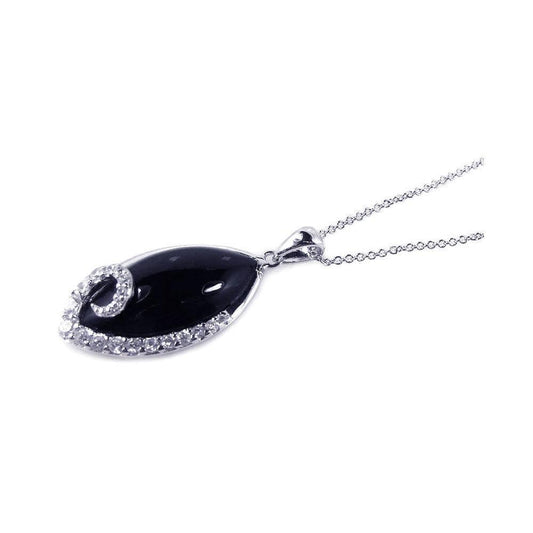 Silver 925 Rhodium Plated Onyx Eye-shape Pendant Necklace