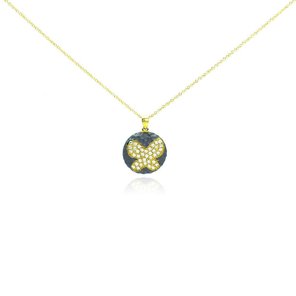 Silver 925 Gold Plated and Matte Black Rhodium Finish Butterfly Clear CZ Round Pendant Necklace