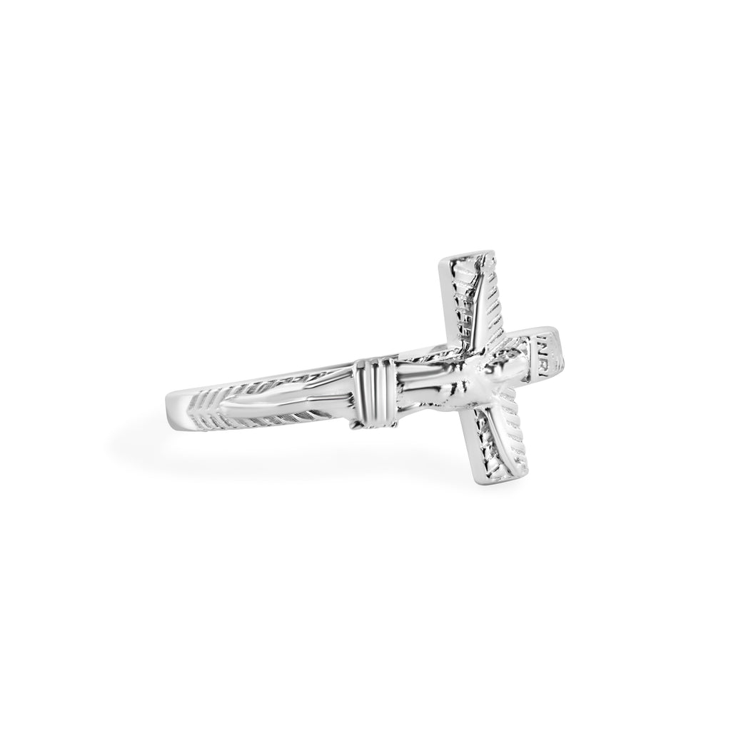 Rhodium Plated 925 Sterling Silver Cross Jesus Christ Ring