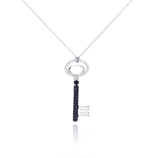 Silver 925 Rhodium and Black Rhodium Plated Clear and Black CZ Key Pendant Necklace