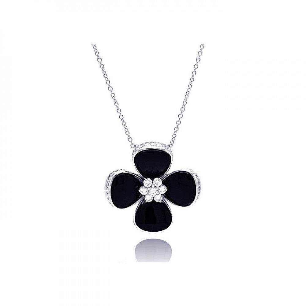 Silver 925 Rhodium Plated Black Onyx Clover CZ Necklace