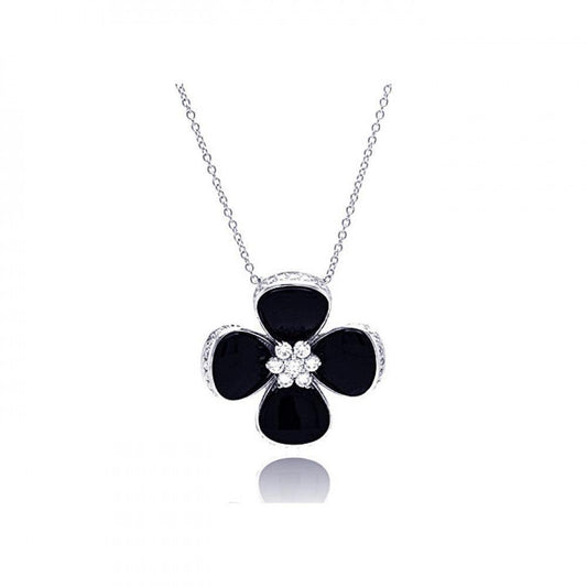 Silver 925 Rhodium Plated Black Onyx Clover CZ Necklace