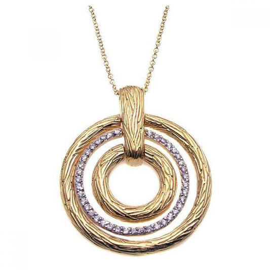 Silver 925 Gold Plated Clear CZ Triple Circle Pendant Necklace