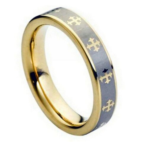 Tungsten Ring Yellow Gold Tone IP Plated Laser Engraved Crosses Design