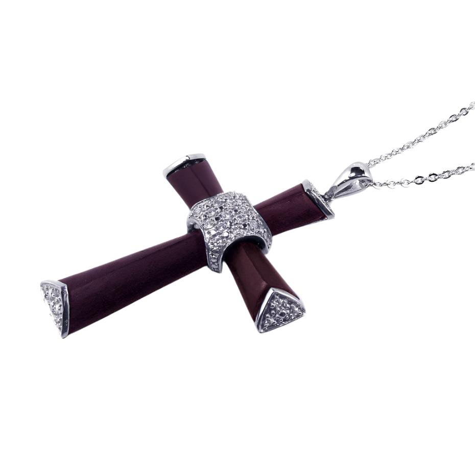 Silver 925 Clear CZ Rhodium Plated Wooden Cross Pendant Necklace