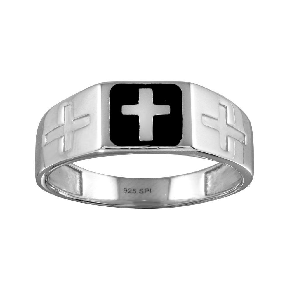 Rhodium Plated 925 Sterling Silver Black Enamel Cross Ring