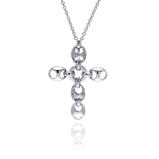 Silver 925 Rhodium Plated Open Oval Clear CZ Cross Pendant Necklace