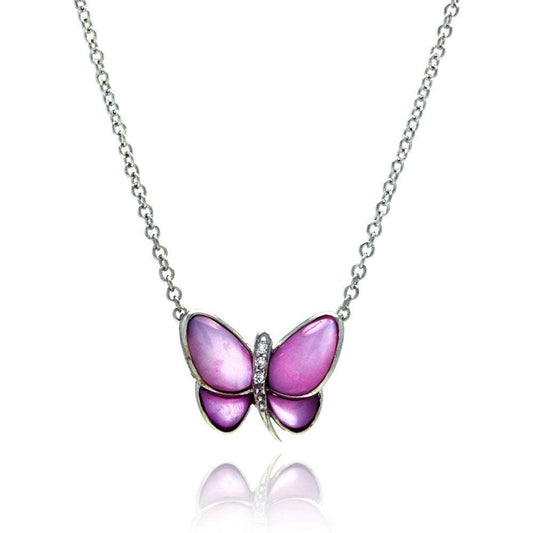 Silver 925 Clear CZ Rhodium Plated Pink Butterfly Pendant Necklace