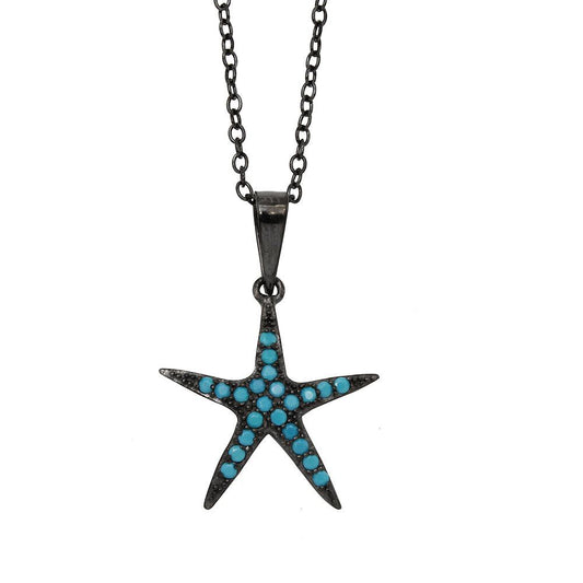 Black Rhodium Plated 925 Sterling Silver Starfish Turquoise Stone Necklace