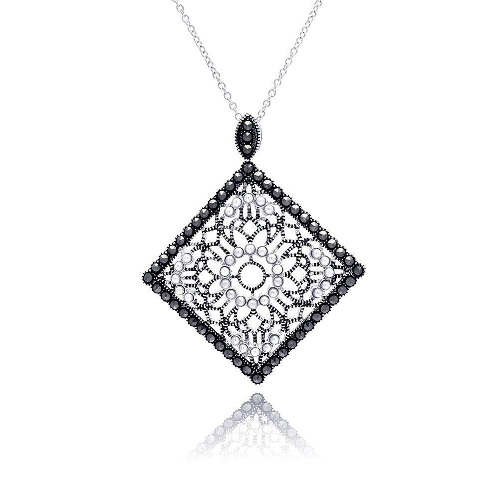 Silver 925 Black Rhodium Plated Square Filigree Marcasite CZ Necklace