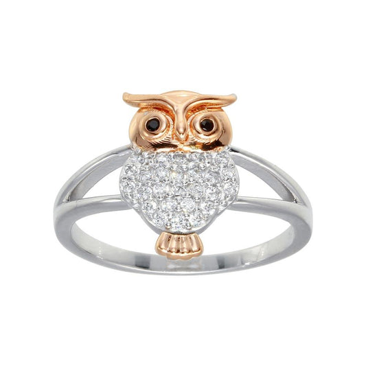 Two-Tone 925 Sterling Silver CZ Owl Ring