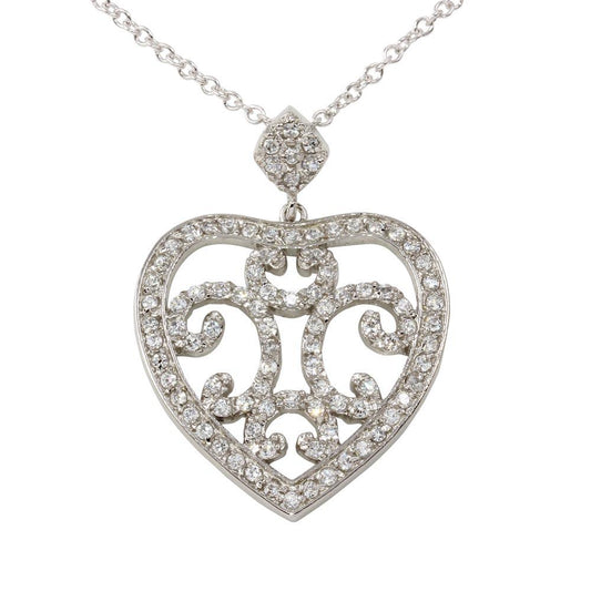 Rhodium Plated 925 Sterling Silver Heart Pendant Necklace with CZ