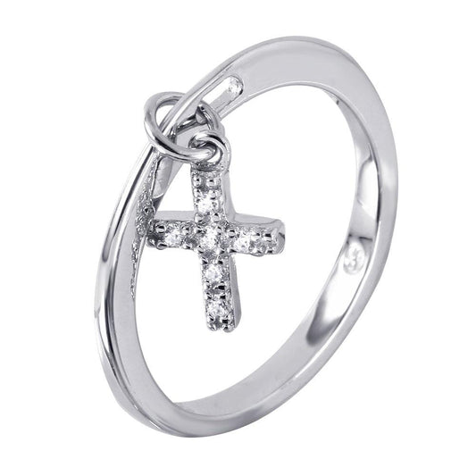 Silver 925 Ring Dangling Cross with CZ Accents