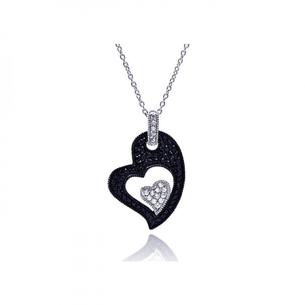 Silver 925 Rhodium Plated Clear CZ Black Heart Pendant Necklace