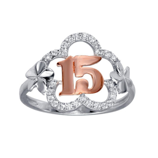 Two-Tone 925 Sterling Silver CZ Quinceanera Flower Ring