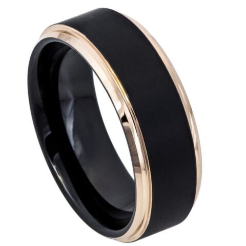 Tungsten Ring Two Tone Black IP Rose Gold IP Brushed Center Stepped Edge